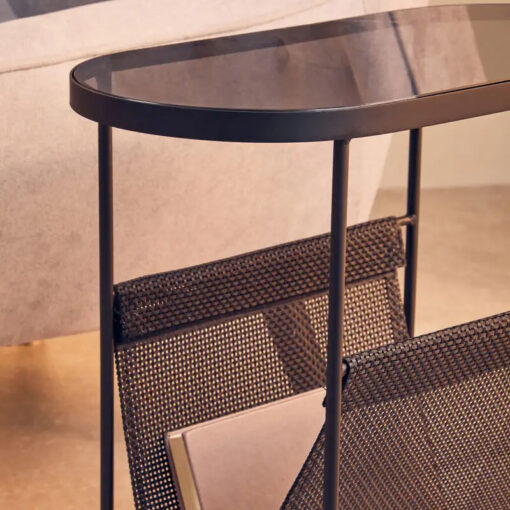 Industrial Black Metal And Grey Smoked Glass Side Table With Magazine Rack