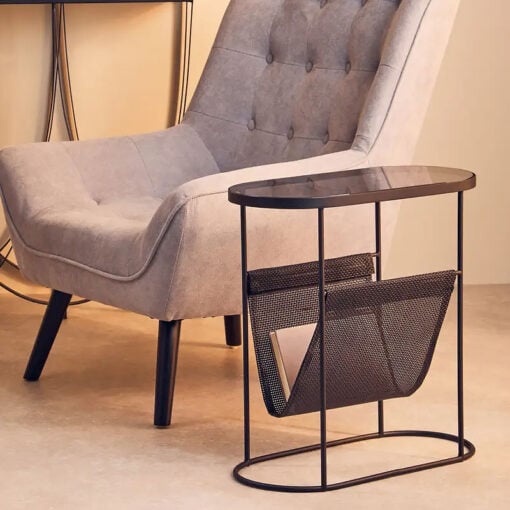Industrial Black Metal And Grey Smoked Glass Side Table With Magazine Rack