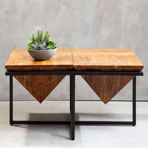Industrial Black Metal And Solid Acacia Wood Coffee Table 80cm