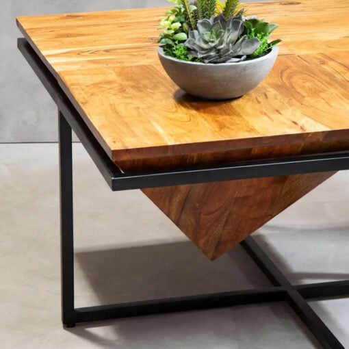 Industrial Black Metal And Solid Acacia Wood Coffee Table 80cm
