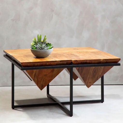 Industrial Black Metal And Solid Acacia Wood Coffee Table 80cm