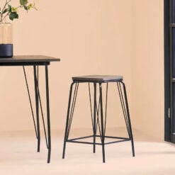 Industrial Black Metal And Solid Elm Wood Bar Stool 62cm