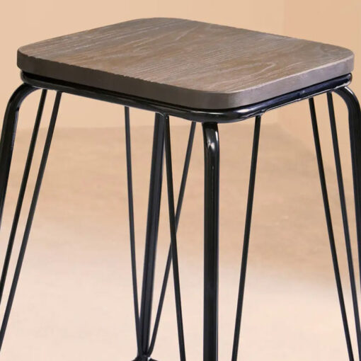 Industrial Black Metal And Solid Elm Wood Bar Stool 62cm