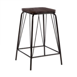 Industrial Black Metal And Solid Elm Wood Bar Stool 62cm