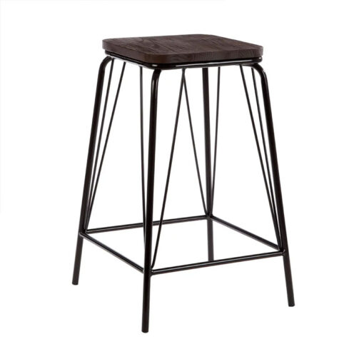 Industrial Black Metal And Solid Elm Wood Bar Stool 62cm
