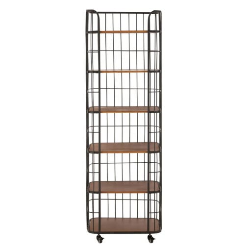 Industrial Black Metal And Solid Wood Cage Style 6 Tier Large Shelving Unit Bookcase With Wheels 191cm