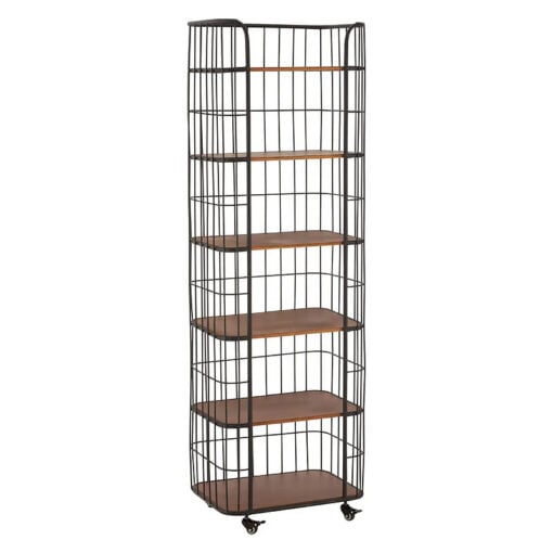 Industrial Black Metal And Solid Wood Cage Style 6 Tier Large Shelving Unit Bookcase With Wheels 191cm