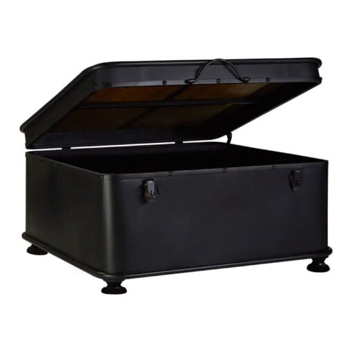 Industrial Black Metal And Solid Wood Trunk Lift Top Storage Coffee Table 80cm