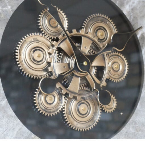 Industrial Black Metal And Wood Exposed Gold Moving Gears Large Wall Clocks With Marble Effect Face 87cm