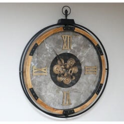Industrial Black Metal And Wood Exposed Gold Moving Gears Large Wall Clocks With Marble Effect Face 87cm