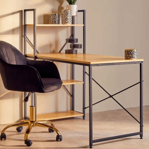 Industrial Black Metal And Yellow Wood Veneer Desk With Shelves