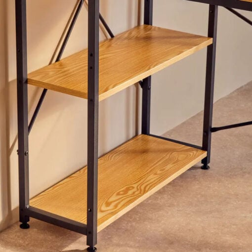 Industrial Black Metal And Yellow Wood Veneer Desk With Shelves