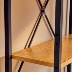 Industrial Black Metal And Yellow Wood Veneer Desk With Shelves