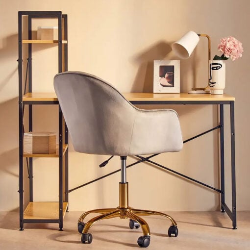 Industrial Black Metal And Yellow Wood Veneer Desk With Shelves