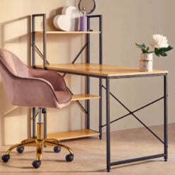 Industrial Black Metal And Yellow Wood Veneer Desk With Shelves