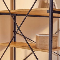 Industrial Black Metal And Yellow Wood Veneer Desk With Shelves