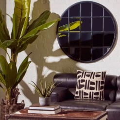 Industrial Black Metal Panelled Grid Window Round Wall Mirror 91cm