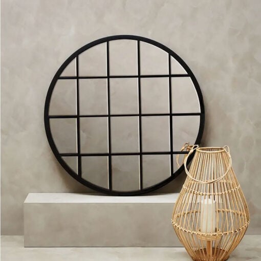 Industrial Black Metal Panelled Grid Window Round Wall Mirror 91cm