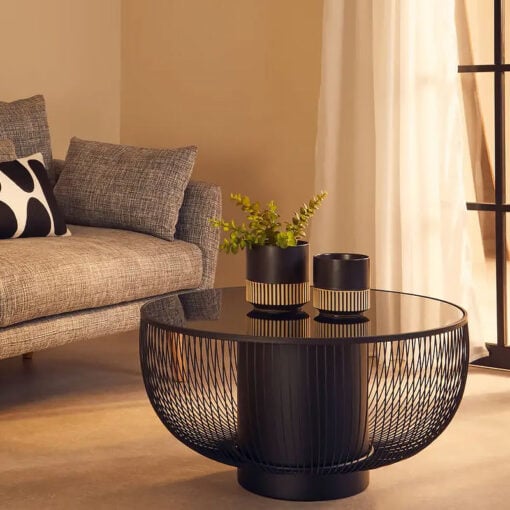 Industrial Black Metal Wire Frame And Black Glass Round Coffee Table 75cm