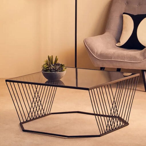 Industrial Black Metal Wire Frame And Grey Glass Coffee Table 75cm