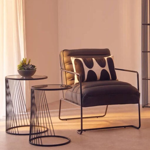 Industrial Black Metal Wire Frame And Grey Glass Set Of 2 Nesting Side Tables