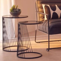 Industrial Black Metal Wire Frame And Grey Glass Set Of 2 Nesting Side Tables