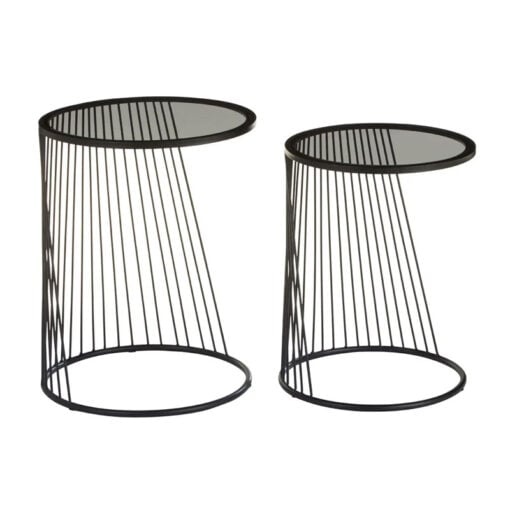 Industrial Black Metal Wire Frame And Grey Glass Set Of 2 Nesting Side Tables