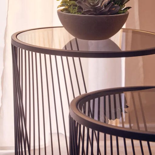 Industrial Black Metal Wire Frame And Grey Glass Set Of 2 Nesting Side Tables