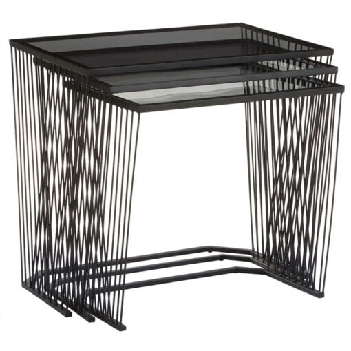 Industrial Black Metal Wire Frame And Grey Glass Set Of 3 Nesting Side Tables