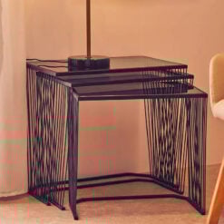 Industrial Black Metal Wire Frame And Grey Glass Set Of 3 Nesting Side Tables