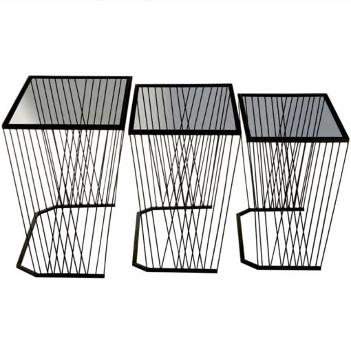 Industrial Black Metal Wire Frame And Grey Glass Set Of 3 Nesting Side Tables