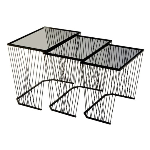Industrial Black Metal Wire Frame And Grey Glass Set Of 3 Nesting Side Tables