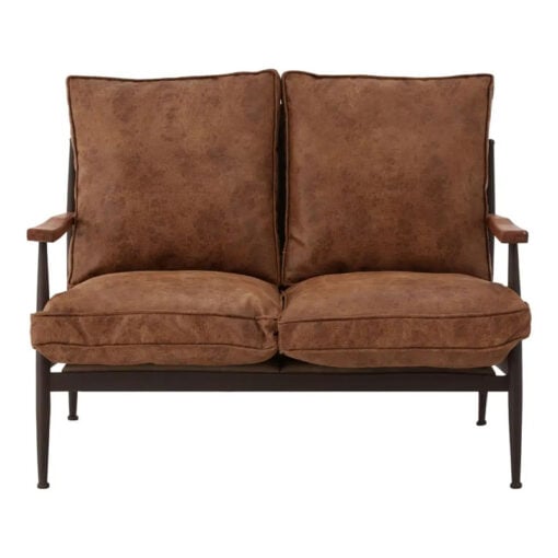 Industrial Brown Faux Leather And Black Metal 2 Seater Sofa