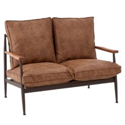 Industrial Brown Faux Leather And Black Metal 2 Seater Sofa