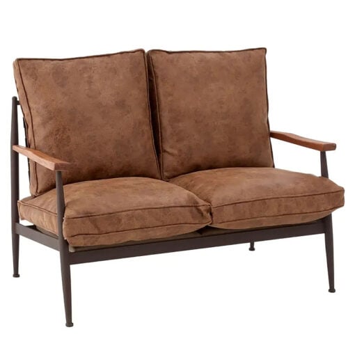 Industrial Brown Faux Leather And Black Metal 2 Seater Sofa
