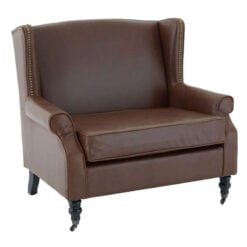 Industrial Brown Faux Leather Winged Studded Armchair With Carved Black Wood Legs And Wheels