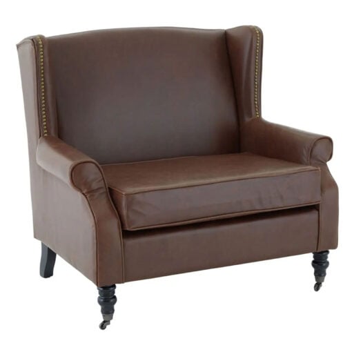 Industrial Brown Faux Leather Winged Studded Armchair With Carved Black Wood Legs And Wheels
