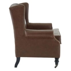 Industrial Brown Faux Leather Winged Studded Armchair With Carved Black Wood Legs And Wheels