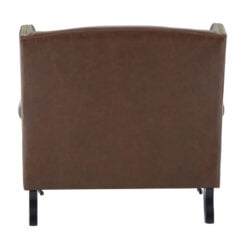 Industrial Brown Faux Leather Winged Studded Armchair With Carved Black Wood Legs And Wheels