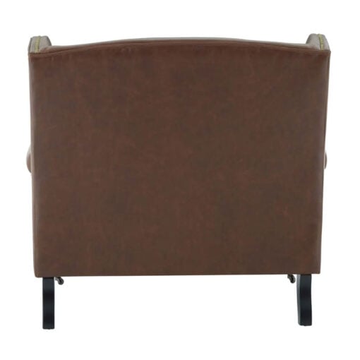 Industrial Brown Faux Leather Winged Studded Armchair With Carved Black Wood Legs And Wheels