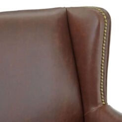 Industrial Brown Faux Leather Winged Studded Armchair With Carved Black Wood Legs And Wheels