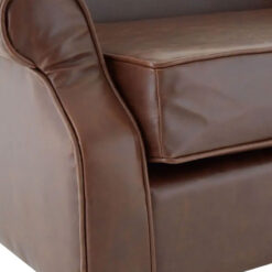 Industrial Brown Faux Leather Winged Studded Armchair With Carved Black Wood Legs And Wheels