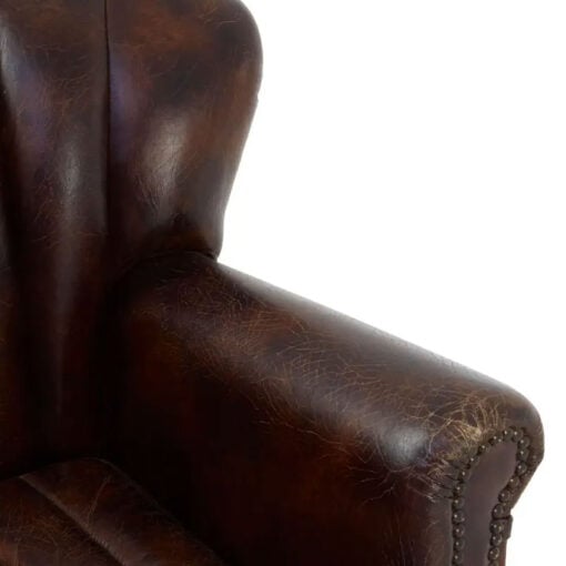 Industrial Brown Genuine Leather Tufted Studded Heritage Winged Armchair With Black Walnut Wood Legs