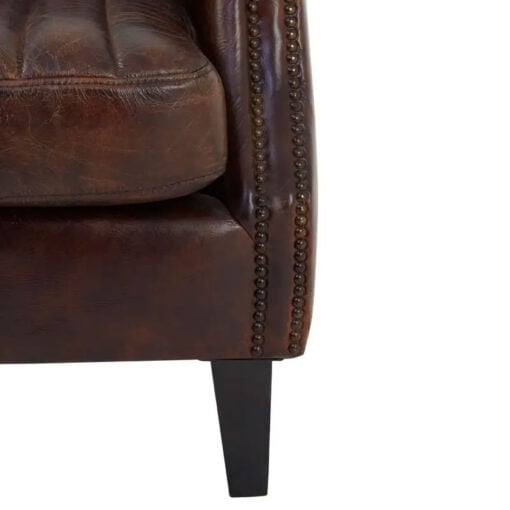 Industrial Brown Genuine Leather Tufted Studded Heritage Winged Armchair With Black Walnut Wood Legs
