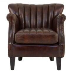 Industrial Brown Genuine Leather Tufted Studded Heritage Winged Armchair With Black Walnut Wood Legs