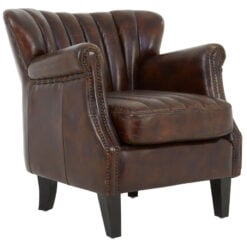 Industrial Brown Genuine Leather Tufted Studded Heritage Winged Armchair With Black Walnut Wood Legs
