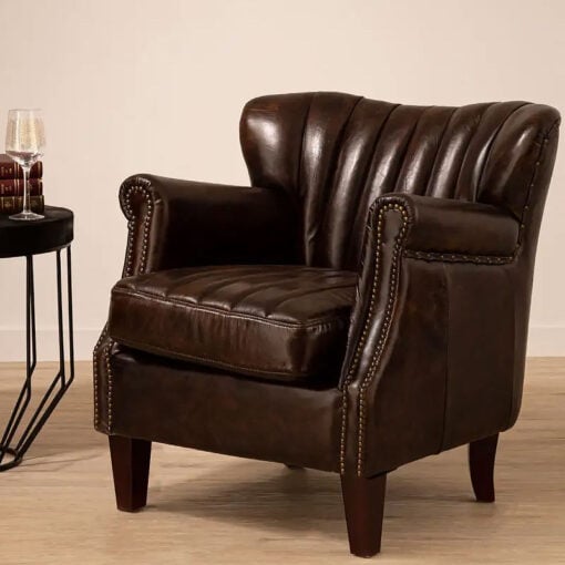 Industrial Brown Genuine Leather Tufted Studded Heritage Winged Armchair With Black Walnut Wood Legs