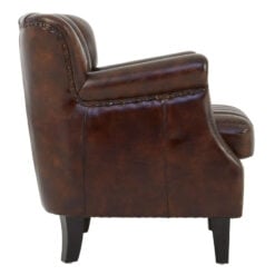 Industrial Brown Genuine Leather Tufted Studded Heritage Winged Armchair With Black Walnut Wood Legs