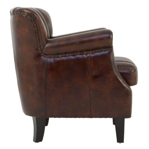 Industrial Brown Genuine Leather Tufted Studded Heritage Winged Armchair With Black Walnut Wood Legs