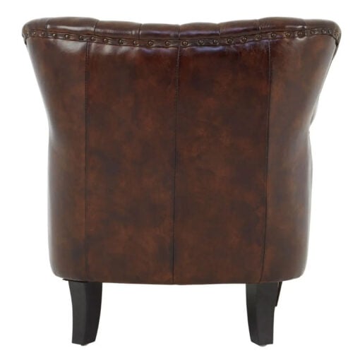 Industrial Brown Genuine Leather Tufted Studded Heritage Winged Armchair With Black Walnut Wood Legs